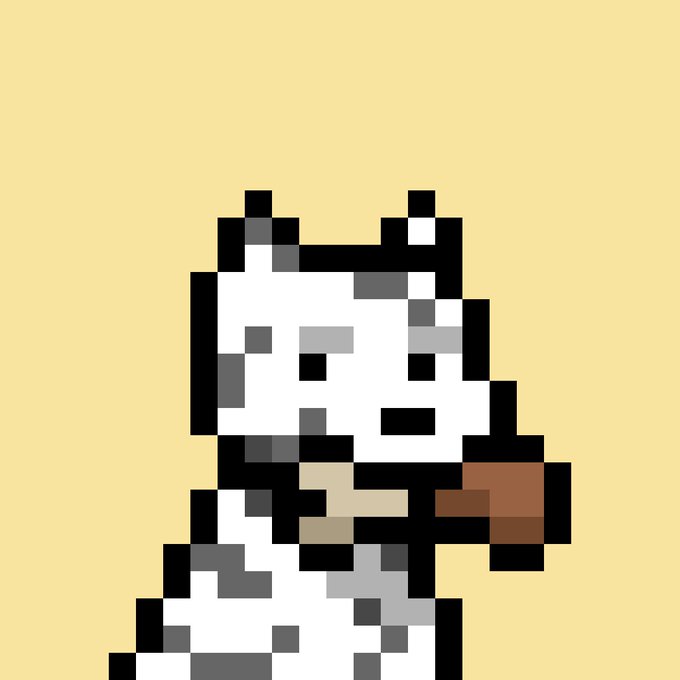A pixel art rendering of a white and gray cat against a tan background.