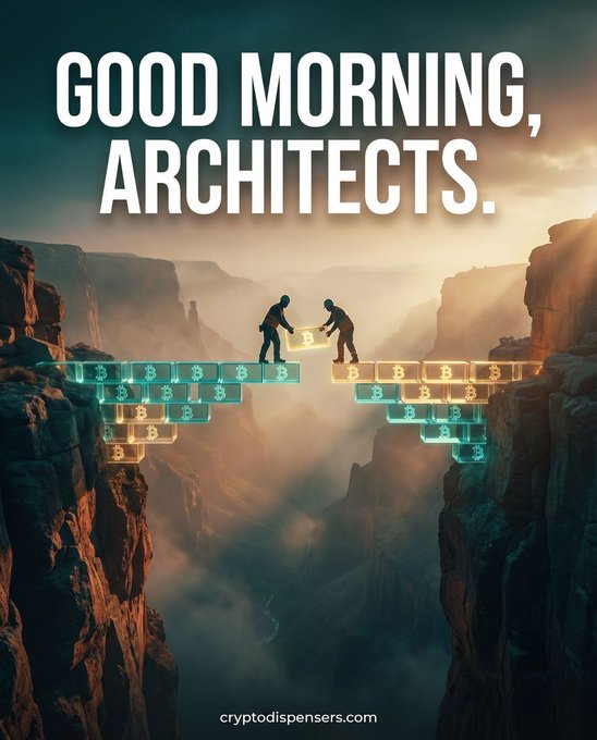 The image features two men standing on top of a bridge, with the words "Good morning, architects." written above them. The background shows a mountain range or cliff face, which adds an interesting visual element to the scene. The text "Good morning, architects" is related to Bitcoin and cryptocurrency, suggesting that the image might be promoting Bitcoin or blockchain technology.
