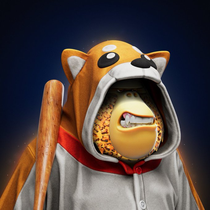 A 3D-rendered character wearing an orange and white Shiba Inu (Doge) hooded onesie, holding a wooden staff or club.