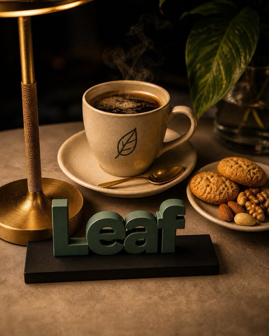 Stylized photo featuring a steaming cup of coffee with a leaf logo, cookies, almonds, and walnuts alongside a green 3D 'Leaf' sign, with a brass lamp and plant in the background.
