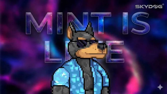 A pixel art illustration of an anthropomorphic dog wearing sunglasses and a blue checkered shirt, with 'MINT IS LIVE' text and the SkyDog logo.