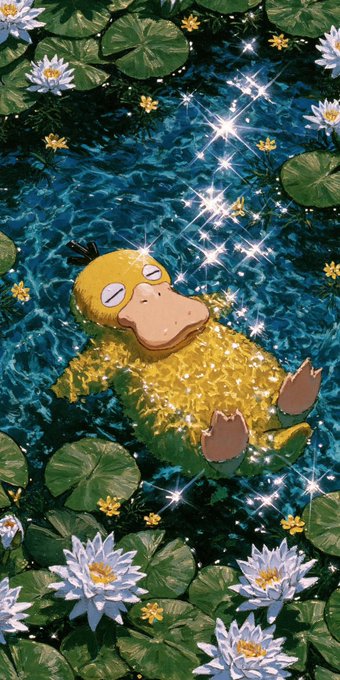 An illustration of Psyduck, a yellow duck-like Pokémon, floating peacefully on its back in a sparkling pond filled with lily pads and white water lilies.