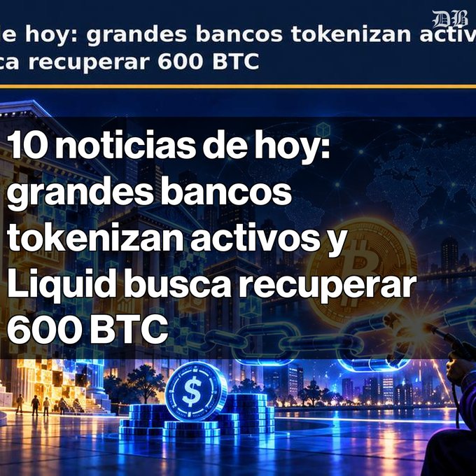 A crypto news thumbnail shows a blue-toned city and Bitcoin imagery with the headline “10 noticias de hoy: grandes bancos tokenizan activos y Liquid busca recuperar 600 BTC,” plus a “DB” logo.