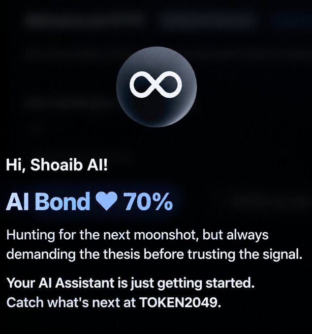 A digital greeting card reads 'Hi, Shoaib Al! AI Bond 70%' with a description about hunting for the next moonshot, promoting an AI Assistant at TOKEN2049.