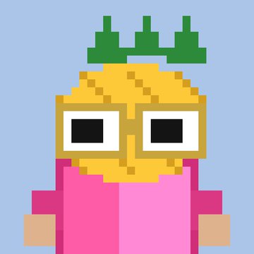 A pixel art sprite of a blonde character with oversized square glasses and a green crown-like accessory, wearing a pink outfit, matching the "10,000 tiny sprites" reference in the Arcins NFT giveaway announcement.