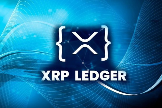 A digital graphic featuring the XRP Ledger logo with curly braces and an X symbol, set against a futuristic blue wave background with the text "XRP LEDGER".
