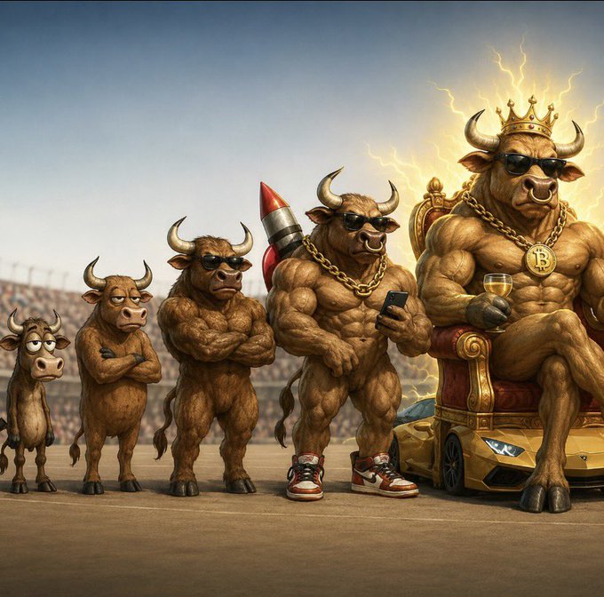 A humorous illustration depicts a lineup of muscular, anthropomorphic bulls wearing sunglasses, with the largest one wearing a gold crown and bitcoin medallion, seated on a golden throne next to a gold Lamborghini.