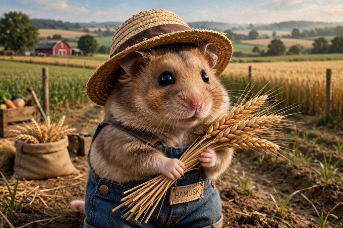 An AI-generated hamster dressed as a farmer in denim overalls and a straw hat, holding a bundle of wheat with a 'HAMUSK' name tag in a rural farm setting.