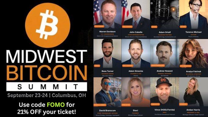 A promotional graphic for the inaugural Midwest Bitcoin Summit on September 23-24 in Columbus, Ohio, featuring the Bitcoin logo and offering 21% off tickets with code "FOMO," alongside headshots of 12 featured speakers including U.S. Congressman Warren Davidson, John Cabello, Adam Ortolf, Terence Michael, Beau Turner, Adam Simecka, Andrew Howard, Analyn Fulchuk, David Branscum, Staci, Vince (MODI/Florida), and Amber Harris.