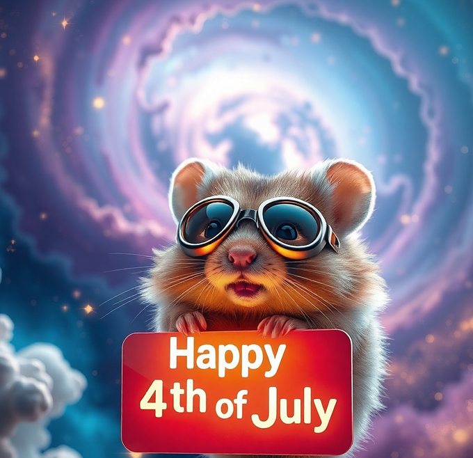 A festive 4th of July illustration showing a cute hamster wearing aviator goggles against a cosmic purple and pink swirling background, holding a red sign that reads 'Happy 4th of July'.