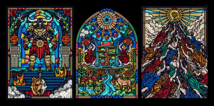 Three ornate stained-glass-style panels depicting a warrior, a celestial garden scene with people and animals, and a divine figure surrounded by worshippers.