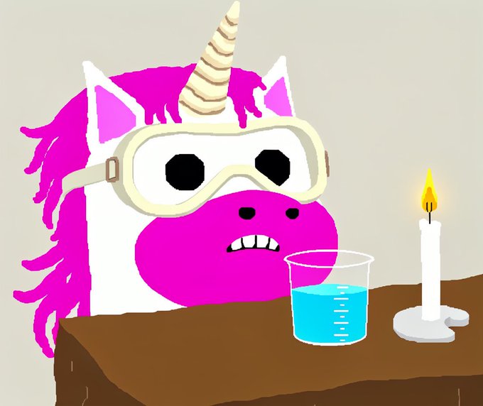 A cartoon illustration of a pink unicorn character wearing aviator goggles, sitting at a wooden table with a beaker of blue liquid and a lit candle, appearing to be conducting a science experiment.