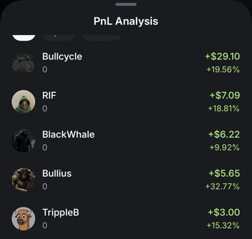 A 'PnL Analysis' screen showing profit/loss data with Bullcycle at +$29.10 (+19.56%), RIF at +$7.09 (+18.81%), BlackWhale at +$6.22 (+9.92%), Bullius at +$5.65 (+32.77%), and TrippleB at +$3.00 (+15.32%).