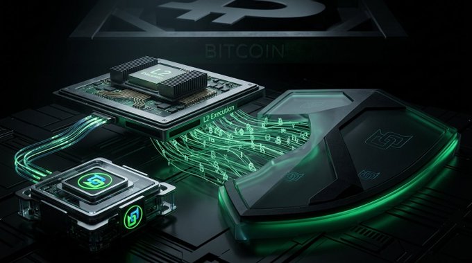 A stylized digital illustration shows computer components, including a motherboard and a mouse, with glowing green circuitry and the faint word 'BITCOIN' in the background.