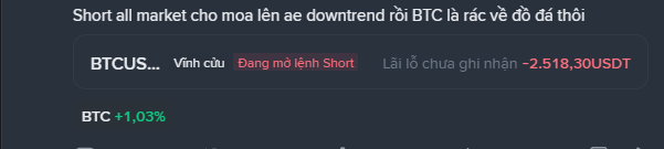 A trading interface in Vietnamese indicating a short position opened at the BTCUSDT market top, with a recorded loss of -2,518.30 USDT and BTC currently at +1.03%.