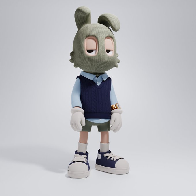A 3D rendered character featuring a green fish-like head with droopy eyes, wearing a blue sweater vest, collared shirt, shorts, and blue sneakers.