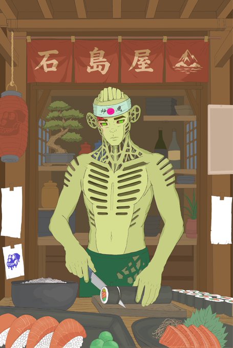 An illustration of a green-skinned sushi chef with a skeletal, ribcage-like torso wearing a headband with the Japanese character '沖' and red eyes, preparing sushi rolls at a stall beneath a banner reading '石島屋' (Ishimatsuya) with a mountain logo.