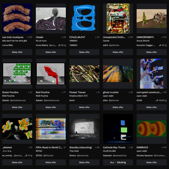A grid of digital art listings from a marketplace shows various NFT artworks, including "Les trois musiques," "Utopie" by Anna Malina, "Red Poutine," "Standby (rebooting)" by The Chair, and "EMBRACE" by Nicolas Sassoon, each with a "Make offer" button, reflecting the user's excitement about acquiring pieces from the RGBMTL fundraiser before it sold out 33% in just 7 minutes.