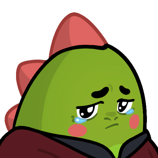 A cartoon illustration of a green dinosaur character with red spikes, shown crying with large tears and a sad expression.
