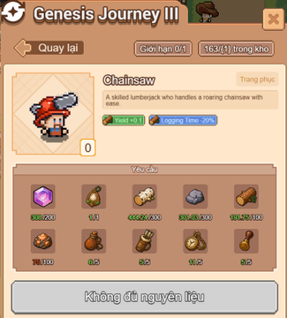 A mobile game screen for 'Genesis Journey III' showing crafting a 'Chainsaw' item with insufficient materials, in Vietnamese.