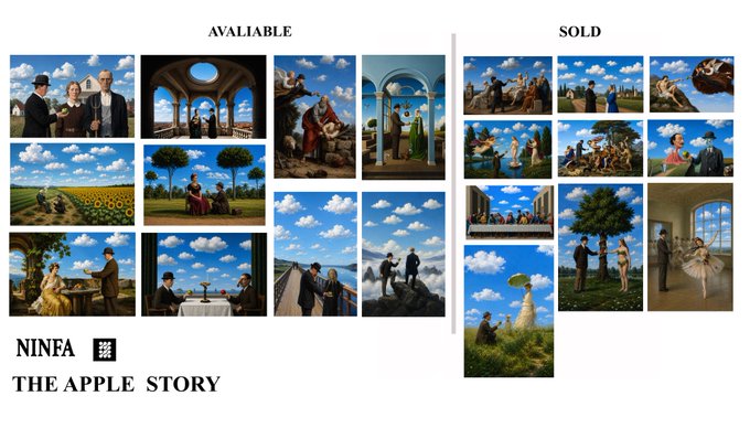 A promotional graphic titled 'NINFA THE APPLE STORY' displaying a grid of surreal paintings in a Renaissance style, categorized under 'AVALIABLE' and 'SOLD' sections.