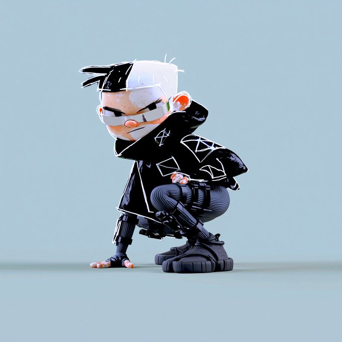 A 3D-rendered stylized character with a pale complexion, wearing futuristic black clothing, sneakers, and visor-style glasses in a crouched pose against a light blue background.