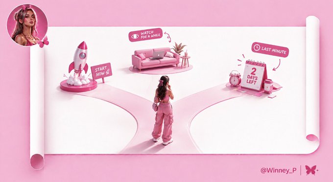 A pink-themed 3D illustration by @Winney_P shows a woman at a crossroads choosing between launching a rocket, watching TV on a sofa, and a countdown clock reading '2 DAYS LEFT'.