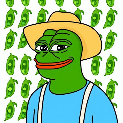 A digital illustration of the Pepe the Frog meme wearing a straw hat and blue shirt with suspenders, set against a background pattern of green pea pods.