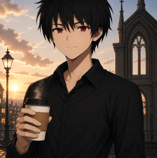 Anime-style illustration of a young man with black hair and red eyes wearing a black shirt, holding a steaming coffee cup, with a Gothic-style building and sunset in the background.