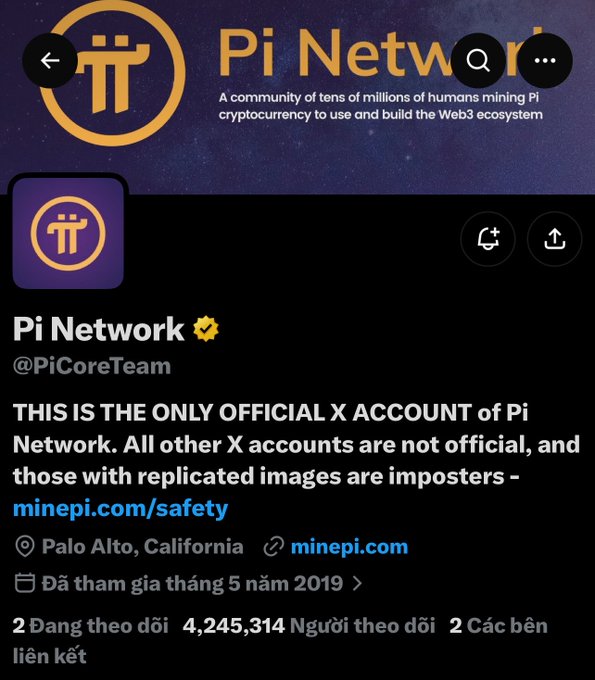 A Twitter/X profile page for @PiCoreTeam, the official Pi Network account, showing 4,245,314 followers and a description warning about imposter accounts.