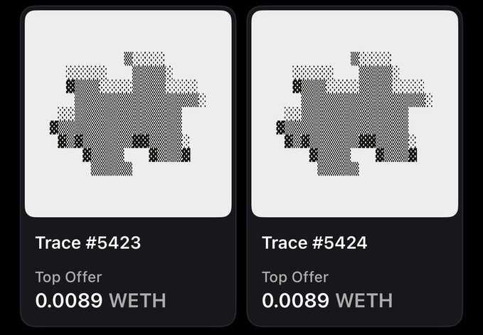 Two NFT listings shown side by side, both labeled 'Top Offer 0.0089 WETH' for abstract black-and-white patterned pixel art titled 'Trace #5423' and 'Trace #5424'.