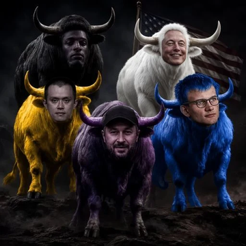 A surreal image showing five famous personalities' faces merged onto colorful yak-like creatures with horns, with an American flag in the background.