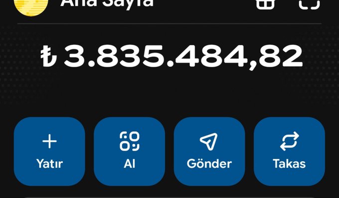 A mobile banking or crypto wallet interface displaying a Turkish lira (₺) balance of 3.835.484,82, with action buttons for "Yatır" (Deposit), "Al" (Buy), "Gönder" (Send), and "Takas" (Swap). The screenshot illustrates the multi-functional nature of BaseApp as a wallet service that supports fiat currency transactions alongside crypto operations, reinforcing the post's point that the app extends beyond just the Base network.