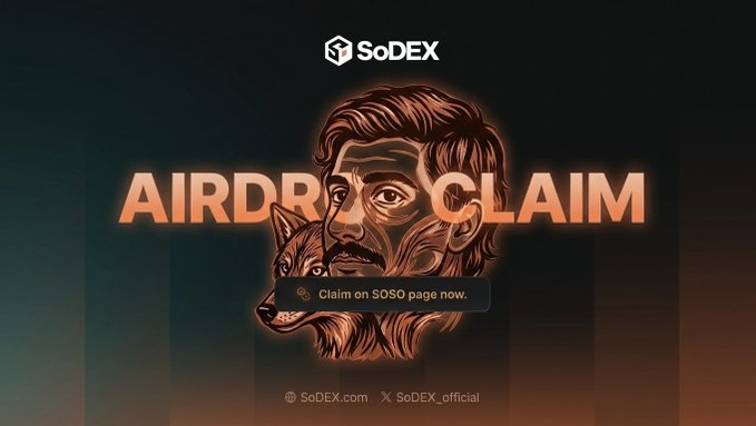 A promotional graphic for SoDEX's "AIRDROP CLAIM" featuring an orange-toned illustration of a man merged with a wolf's head, instructing users to "Claim on SOSO page now." The image visualizes the post's announcement that SoDEX's 1st Season has officially concluded, with traders and liquidity providers awaiting the eventual SOSO token airdrop claim.