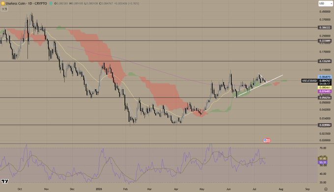 A daily cryptocurrency price chart for 'USeless Coin - 1D - CRYPTO' showing price action, an Ichimoku cloud, and an RSI indicator in the lower panel.