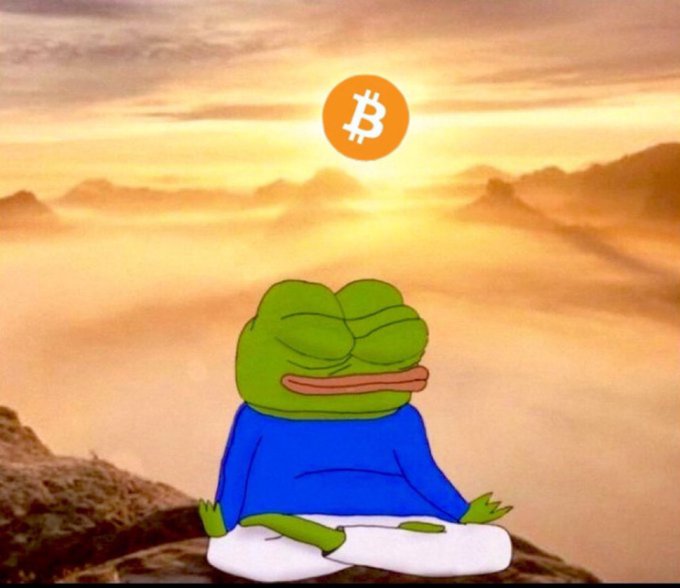 The image shows Pepe the Frog meditating peacefully in a lotus position on a mountain peak at sunrise, with a Bitcoin (₿) logo replacing the sun. It complements the "GM#Bitcoin" post by depicting crypto's "Good Morning" culture through a serene, enlightened Pepe embracing Bitcoin as a guiding light.