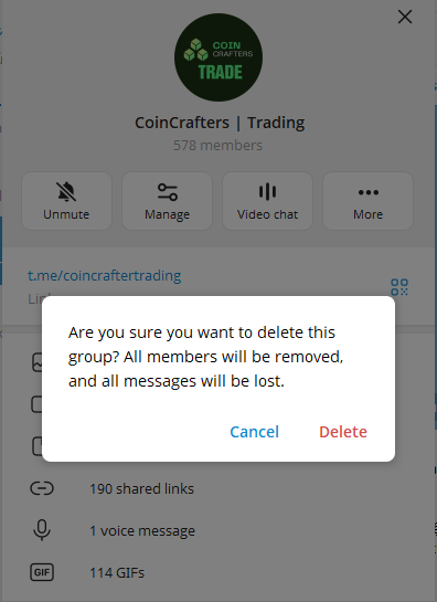 A Telegram group deletion confirmation dialog for 'CoinCrafters | Trading' with 578 members, warning 'Are you sure you want to delete this group? All members will be removed, and all messages will be lost.'