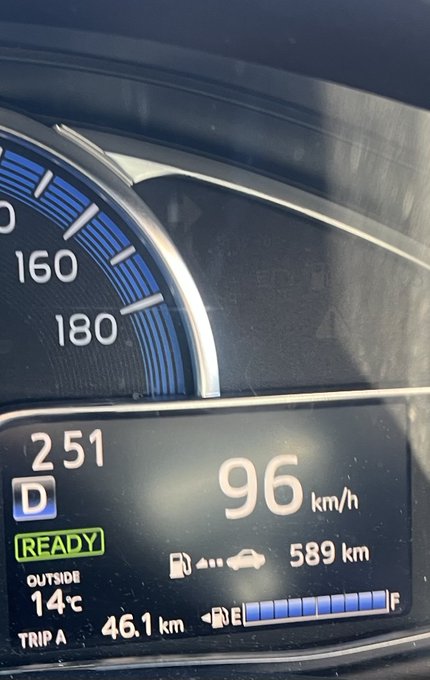 The image shows a vehicle's instrument cluster displaying 589 km of remaining range and a speed of 96 km/h. The "589" number on the dashboard connects to the post's "$589" reference, playfully suggesting an "everything, everywhere, all at once" moment with that figure prominently featured on the car's display.