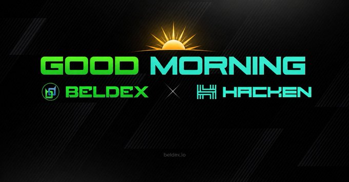 A graphic banner reads 'GOOD MORNING' in bright cyan and green text, displaying a partnership between Beldex and Hacken with beldex.io at the bottom.