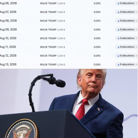 The image displays a schedule of daily token unlocks for "TRUMP" (904,100 tokens valued at $1.32M) beginning August 6, 2026, superimposed over a photo of Donald Trump speaking at a podium.