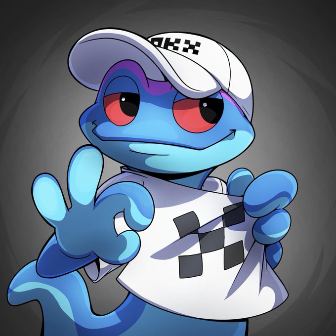 A digital illustration of a blue cartoon character with red eyes wearing a white cap and white shirt, both featuring the OKX cryptocurrency exchange logo.