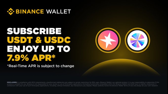 The image shows a promotional display for the cryptocurrency exchange binance wallet, which features two coins with different designs - one with a white star at the center and another featuring a rainbow pattern. The background of the image is black and yellow, providing a contrasting effect that makes the coins stand out even more. A white text box within the image contains valuable information about the coin pairs, including their current prices and potential benefits for users who join.