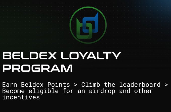 A dark promotional graphic displays the 'BELDEX LOYALTY PROGRAM' with the logo and text 'Earn Beldex Points > Climb the leaderboard > Become eligible for an airdrop and other incentives'.