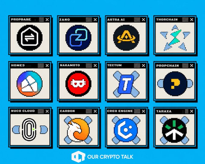 The image showcases a pixel art style browser window interface displaying 12 crypto project logos with their corresponding tickers including $PROPS, $ZANO, $ASTRA, $THOR, $NUCO, $CARBON, $CREO, and $TARAXA, with "Our Crypto Talk" branding at the bottom. This visual complements the post's pulse check on previously covered 2024 projects, providing a quick reference grid of the cryptocurrencies being evaluated.