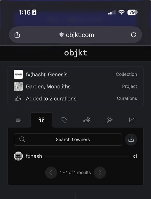 A mobile screenshot of the objkt.com website showing details for 'fx(hash): Genesis', a Collection within the 'Garden, Monoliths' Project, listing fxhash as the sole owner.