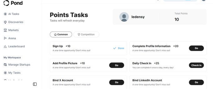 Screenshot of the Pond platform's 'Points Tasks' page showing a user 'ledensy' with 10 total points, including tasks like Sign Up, Complete Profile Information, and Daily Check In.