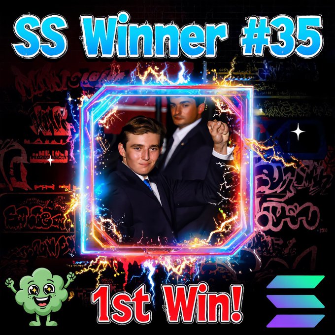 The image features a man wearing a suit standing next to another man who is dressed in a tuxedo. They are both smiling for the camera. The background of the image has neon lights, giving it a vibrant and energetic feel. The text on the image reads "SSW Winner #35 1st Win! Day #1stWin!". This message congratulates the winner and announces that they have won the competition.