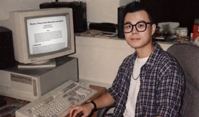 A young man wearing glasses and a plaid shirt sits at an older desktop computer displaying the text 'Bitcoin: A Peer-to-Peer Electronic Cash System' by Satoshi Nakamoto.