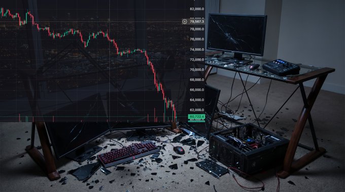 The image shows a computer desk with two desktop computers - one of them displaying the Bitcoin chart indicating a negative trend. The desk also has a keyboard and a mouse positioned next to each other, along with some broken pieces scattered around. A broken chair is located in front of the desk. The backdrop features a chart representing the decline of various assets like Bitcoin, Ethereum, and gold over time.