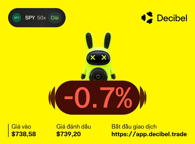 "This is a poster with an image of a cartoon rabbit sitting on top of a red button that reads "0.7%", which says "decibel" at the bottom. The title of the post is "Decibel". The text in the image suggests that a cryptocurrency trading service called DecibelTrade has been launched, offering live trading options for crypto and ETFs across various markets including the US market and top tech stocks like QQQ, EWM, and EWY. The post also includes a logo for Decibel Trade indicating their official presence on the platform."